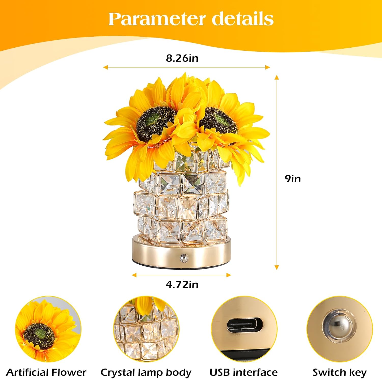 Sunflower Touch Table Lamp, Rechargeable Cordless Night Light with 3-Color Dimming - Image 2
