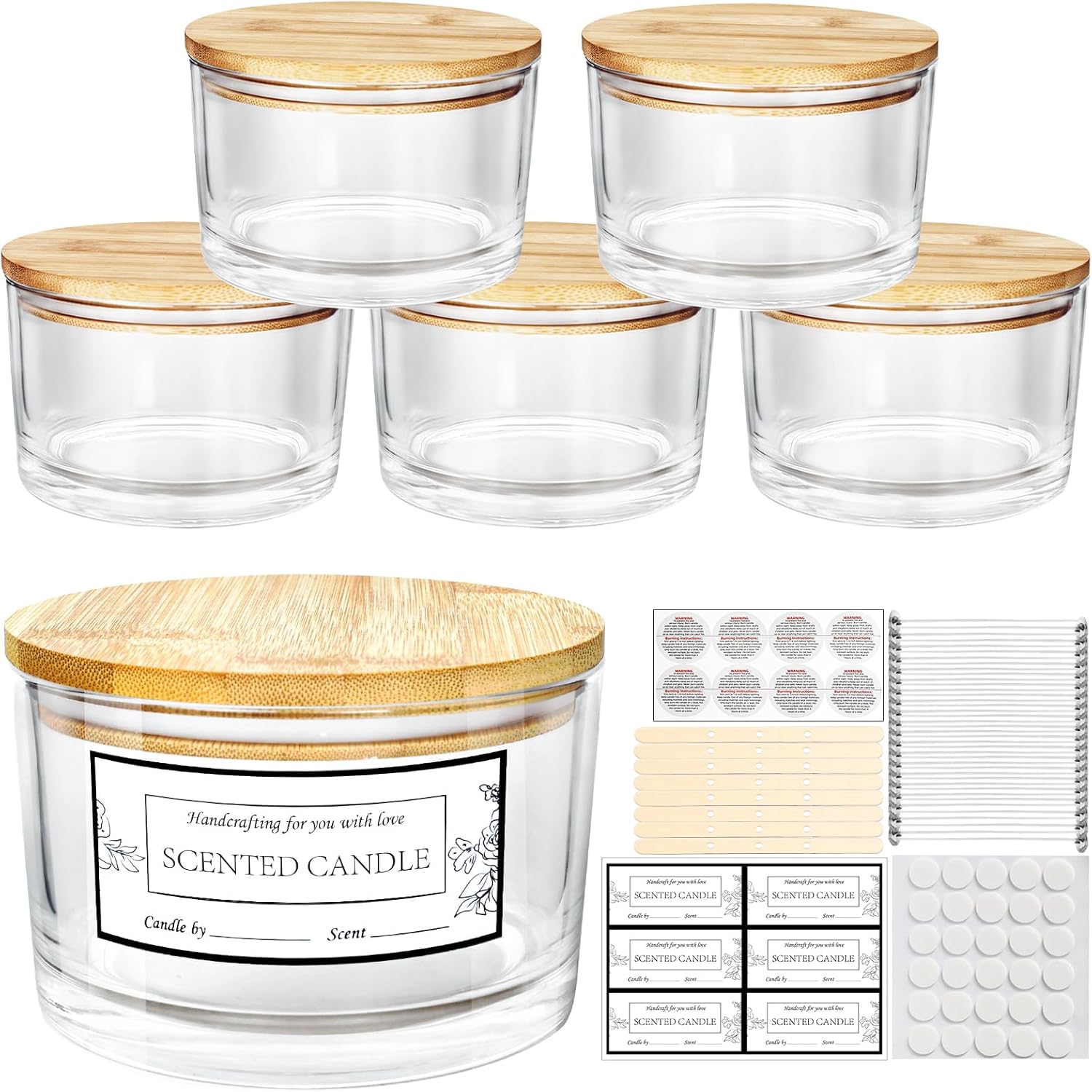 6-Pack 24oz Clear Glass Candle Jars with Multi-Wick, Wide Mouth, Airtight Bamboo Lids, Sticky Labels, and Wick Kit for DIY Candle Making, Dishwasher Safe - Image 4