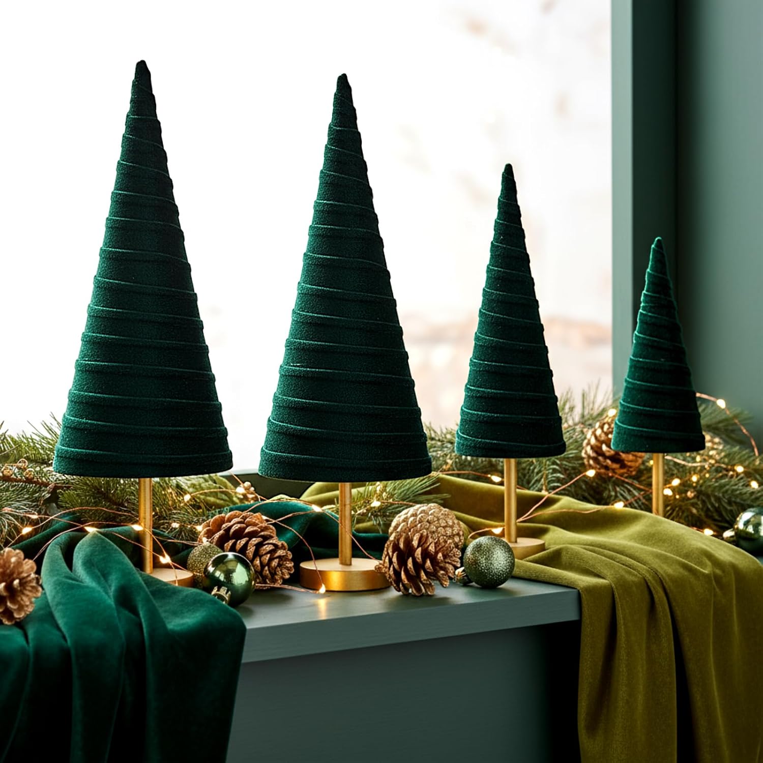 4-Pack Green Velvet Christmas Cone Trees with Gold Pedestals, Modern Rustic Mantel or Table Centerpiece Decor - Image 2