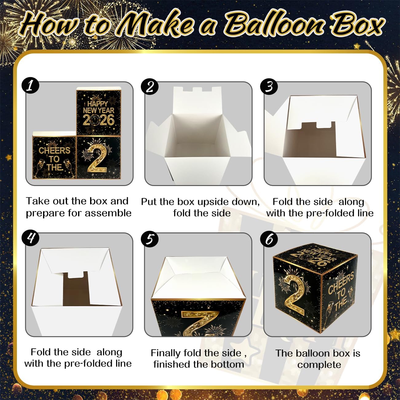 2026 New Year’s Eve Party Decorations with Black and Gold Balloon Boxes and Backdrop - Image 3