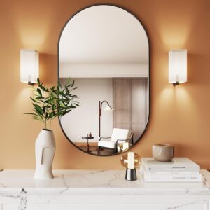 20x28 in Oval Bathroom Wall Mirror, Black Frame, Over-Sink Decorative Mirror