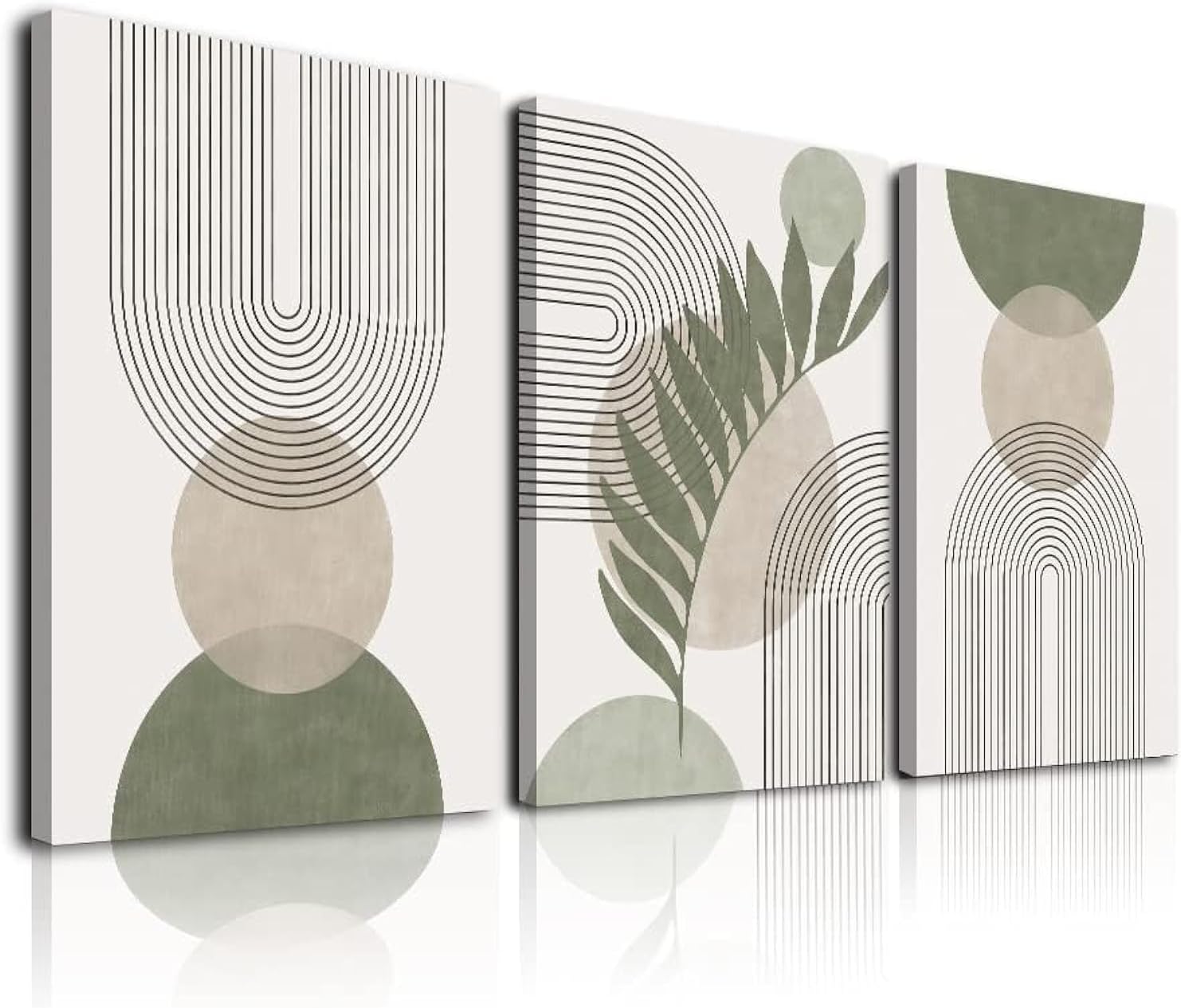 Sage Green Boho Wall Art Set of 3, Minimalist Geometric Botanical Canvas Prints, Framed Beige Green Decor, 12x16 in