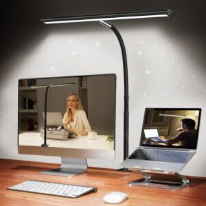 LED Desk Lamp with Clamp, 10W Eye-Caring Desk Light with Stepless Dimming & Flexible Gooseneck for Reading and Office Use (Black)