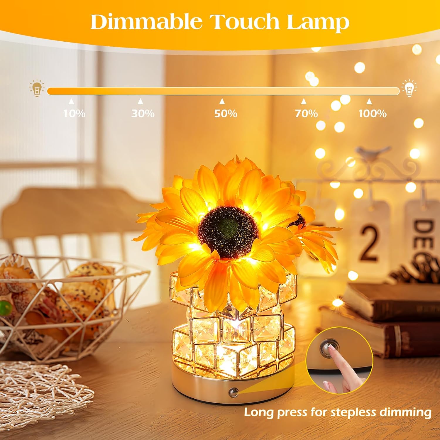 Sunflower Touch Table Lamp, Rechargeable Cordless Night Light with 3-Color Dimming - Image 4