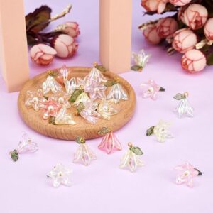 32 Acrylic Lily Flower Pendants with Pearl Beads, 20mm, 8 Colors for DIY Jewelry and Crafts