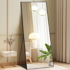 Full-Length Floor Mirror with Stand, 64x21 in, Aluminum Frame, Black, Shatterproof Nano Glass, Modern Bedroom & Living Room Decor