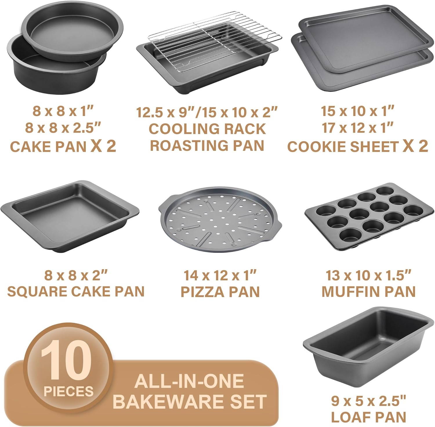 10-Piece Nonstick Baking Pan Set with Wider Grips, Oven Bakeware Including Rack, Cookie Sheet, Cake Pans, Loaf Pan, Muffin Pan, Pizza Pan – Grey - Image 2