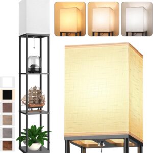 Shelf Floor Lamp with Storage Shelves and LED Bulb, Standing Lamp with Linen Shade