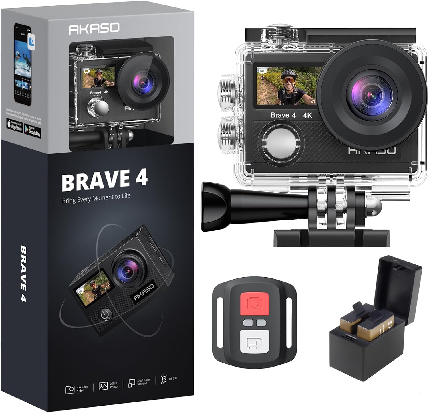 Brave 4 4K 30FPS 20MP WiFi Action Camera, 131FT Waterproof with EIS, 5X Zoom, 2 Batteries, and Helmet Accessories Kit