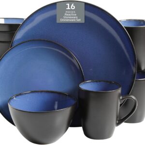 16-Piece Soho Lounge Round Stoneware Dinnerware Set for 4, Blue Reactive Glaze