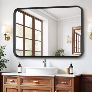 30×22" Rectangular Bathroom Wall Mirror with Matte Black Metal Frame, Tempered Glass, Anti-Rust, Horizontal or Vertical Hanging