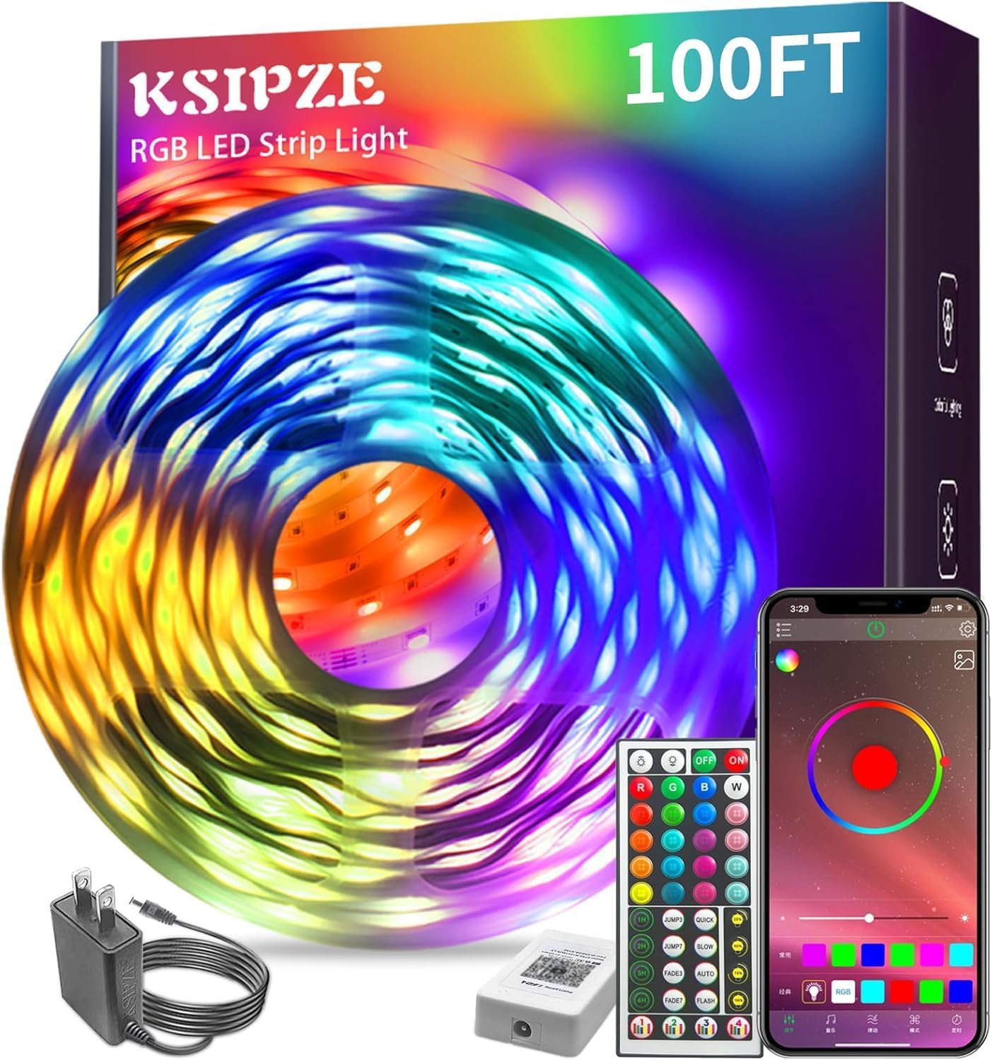 100ft RGB LED Strip Lights, Music Sync Color-Changing Light Strip with App & Remote Control for Bedroom & Home Décor