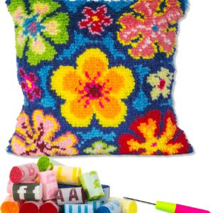 Latch Hook Kit for DIY 17×17" Throw Pillow Cover with Colorful Flower Design