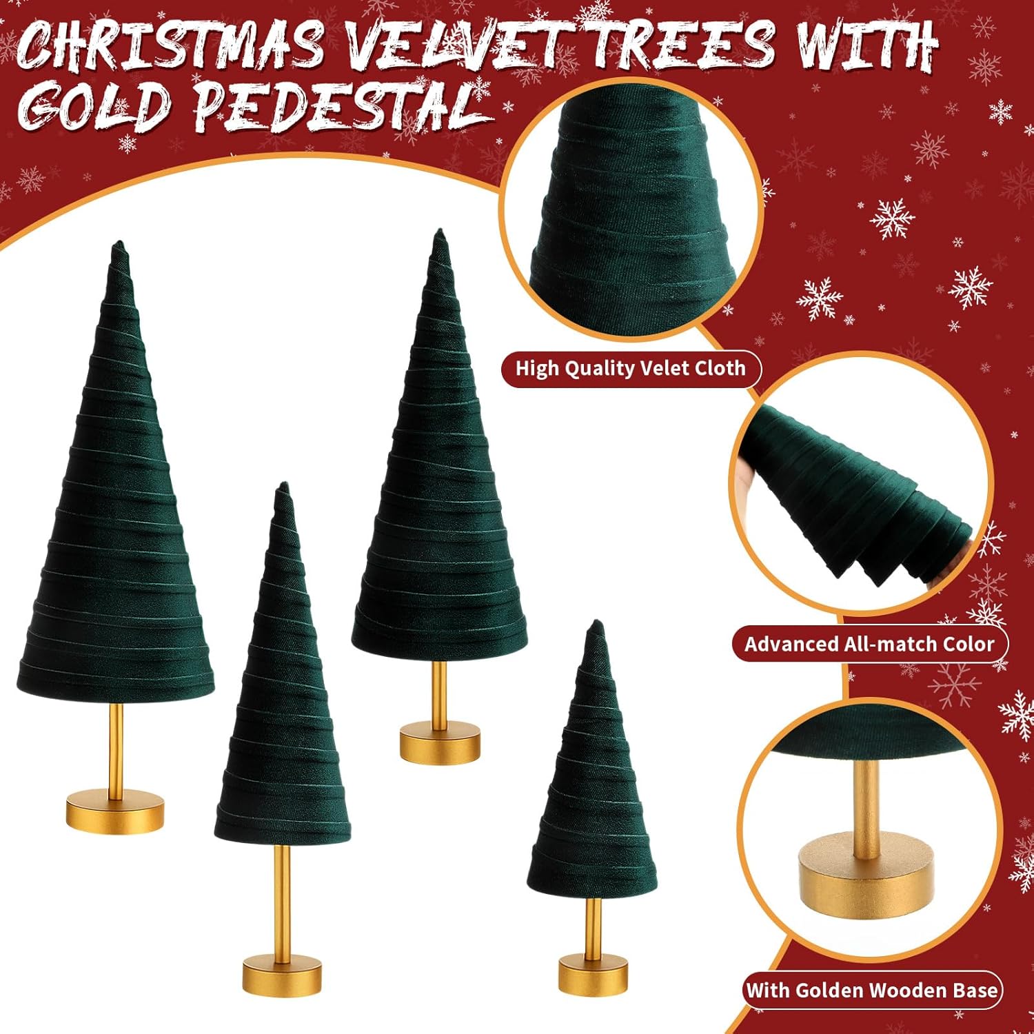 4-Pack Green Velvet Christmas Cone Trees with Gold Pedestals, Modern Rustic Mantel or Table Centerpiece Decor - Image 3
