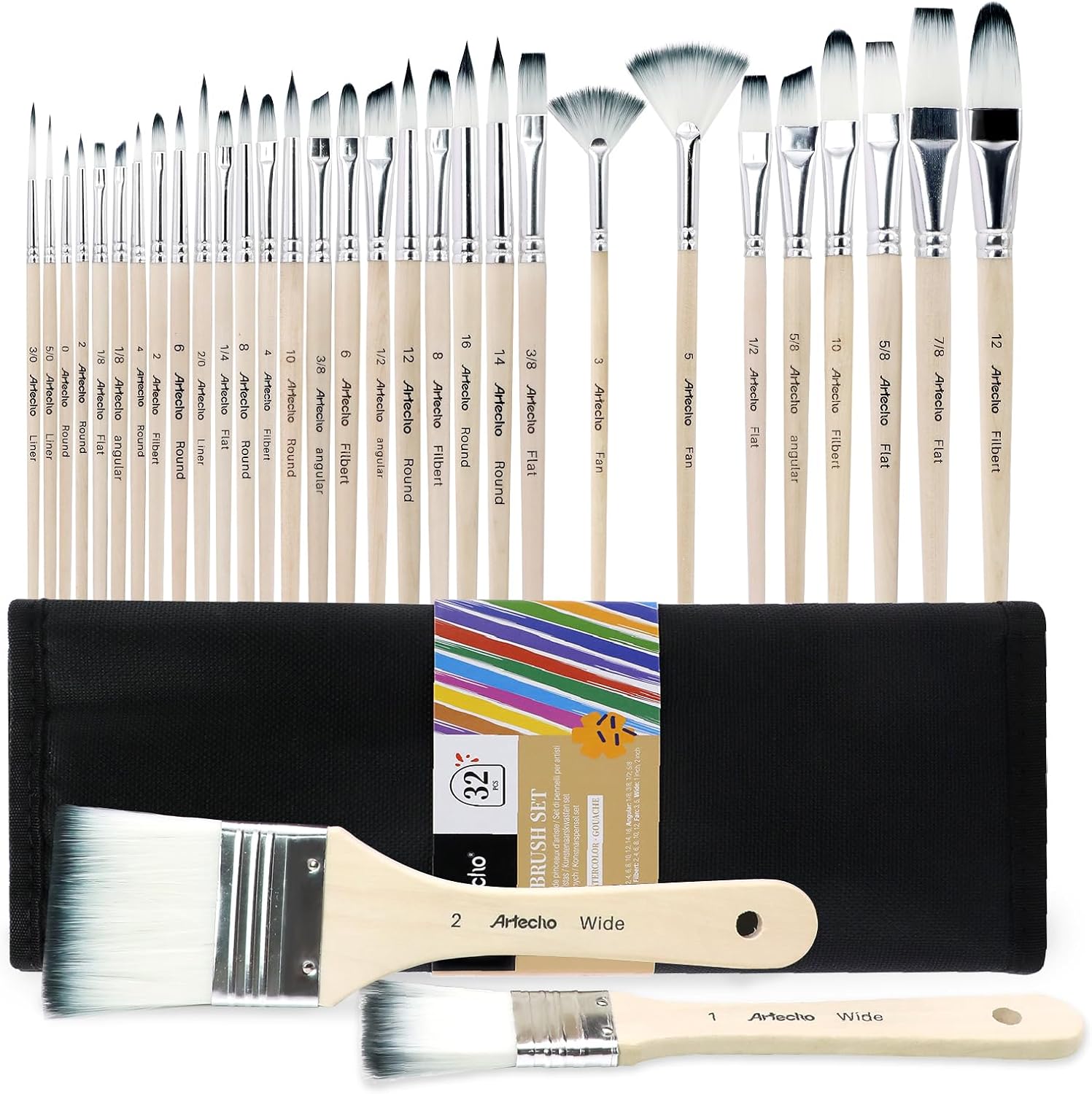 32-Piece Paint Brush Set for Acrylic, Oil, Watercolor, Gouache, and Canvas Painting