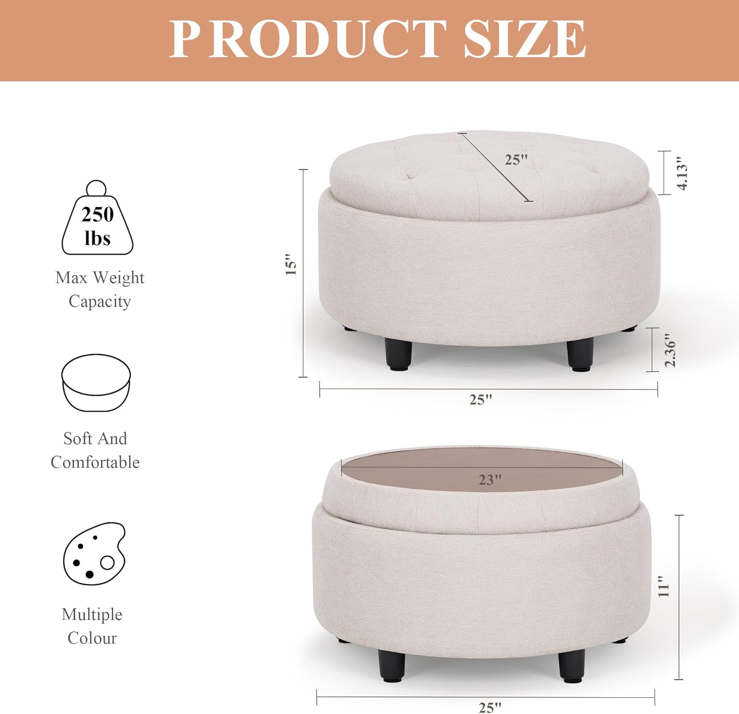 Round Fabric Storage Ottoman with Reversible Tray Lid, Footrest and Small Coffee Table (Beige) - Image 3