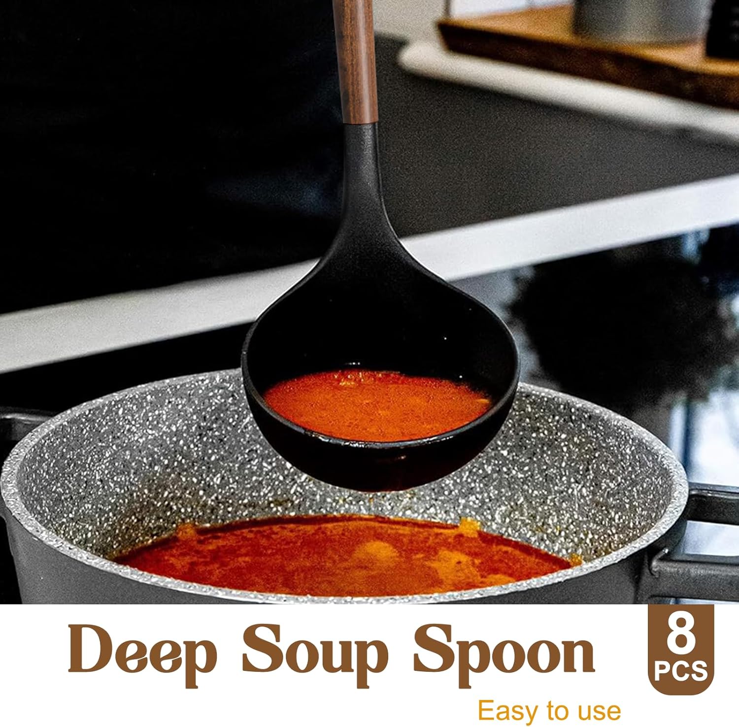 8-Piece Silicone Cooking Utensil Set with Wooden Handles for Nonstick Cookware (Black) - Image 3