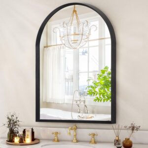 16"×12" Black Arched Wall Mirror with Aluminum Alloy Frame, Modern Vanity Mirror for Bathroom, Living Room, Bedroom, or Entryway