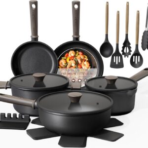 19-Piece Nonstick Titanium Cookware Set with Frying Pans, Healthy Non-Toxic, PFAS/PTFE/PFOA & PFOS Free (Black)