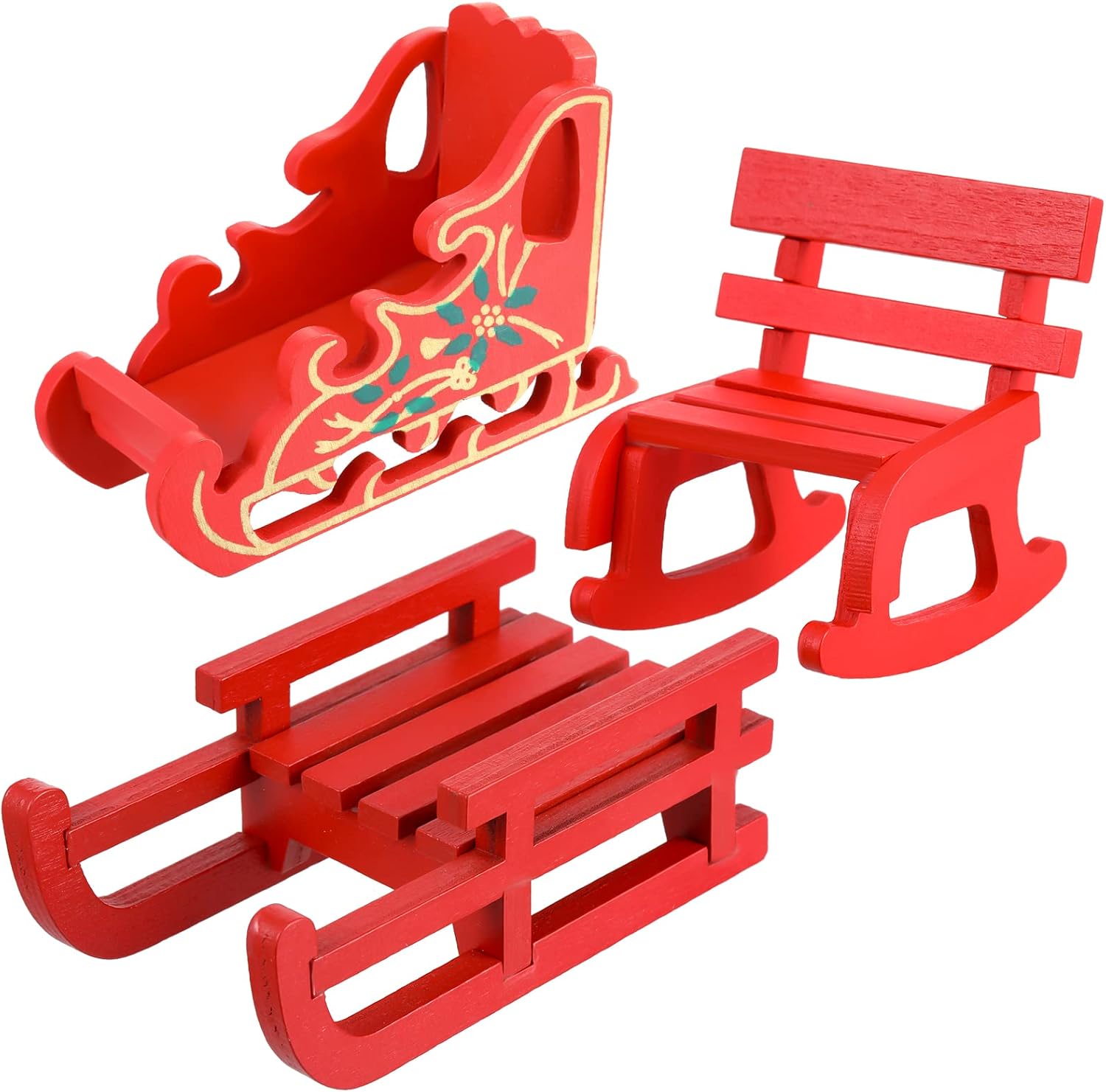 3-Piece Wooden Christmas Dollhouse Accessories Set with Mini Rocking Chair, Seat, and Sled for Holiday Decor and Kids' Gifts