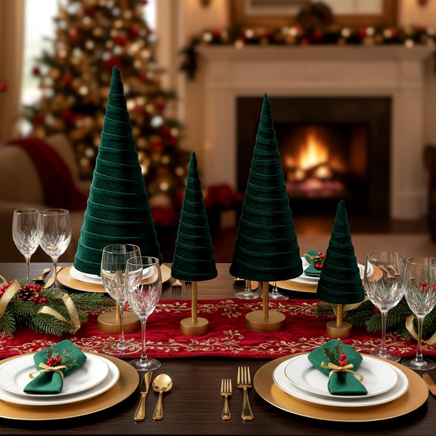 4-Pack Green Velvet Christmas Cone Trees with Gold Pedestals, Modern Rustic Mantel or Table Centerpiece Decor - Image 4