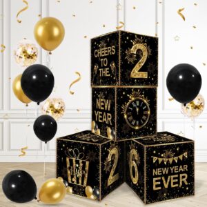 2026 New Year’s Eve Party Decorations with Black and Gold Balloon Boxes and Backdrop