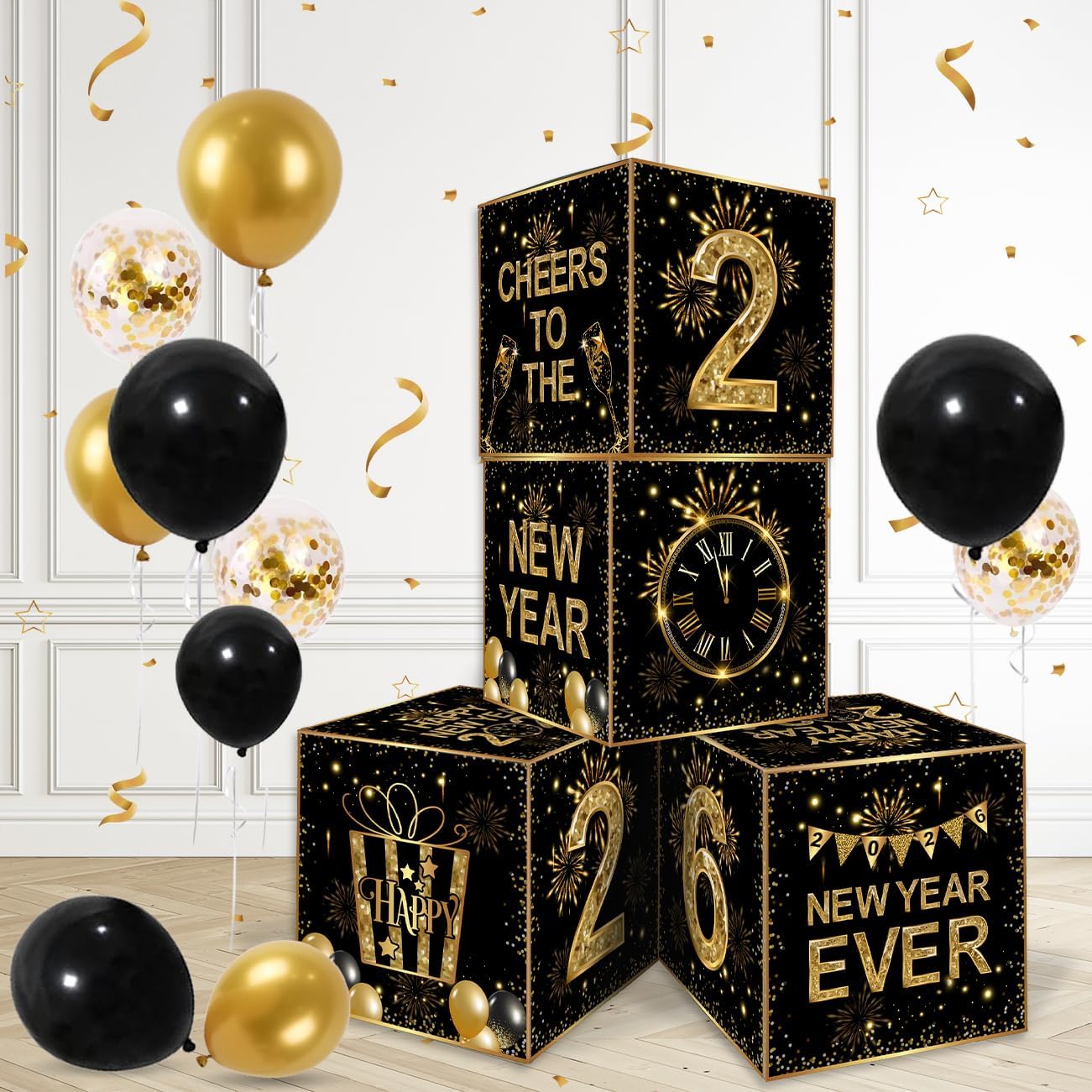 2026 New Year’s Eve Party Decorations with Black and Gold Balloon Boxes and Backdrop