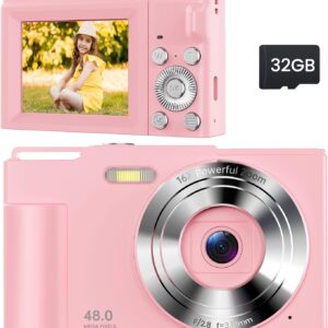 Pink Digital Camera for Kids and Teens, 16X Zoom Compact Camera for Ages 6–13