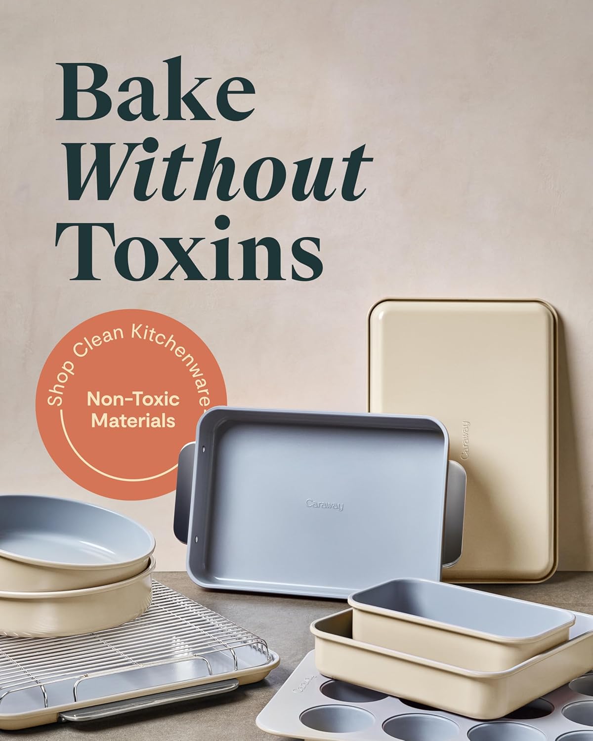 11-Piece Nonstick Ceramic Bakeware Set, Aluminized Steel Baking Sheets & Pans with Cooling Rack, Non-Toxic PTFE & PFOA Free, Cream - Image 2