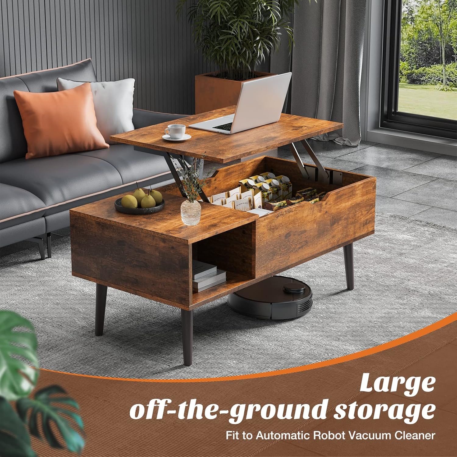 Lift Top Coffee Table with Hidden Storage and Shelf for Living Room (Brown) - Image 3