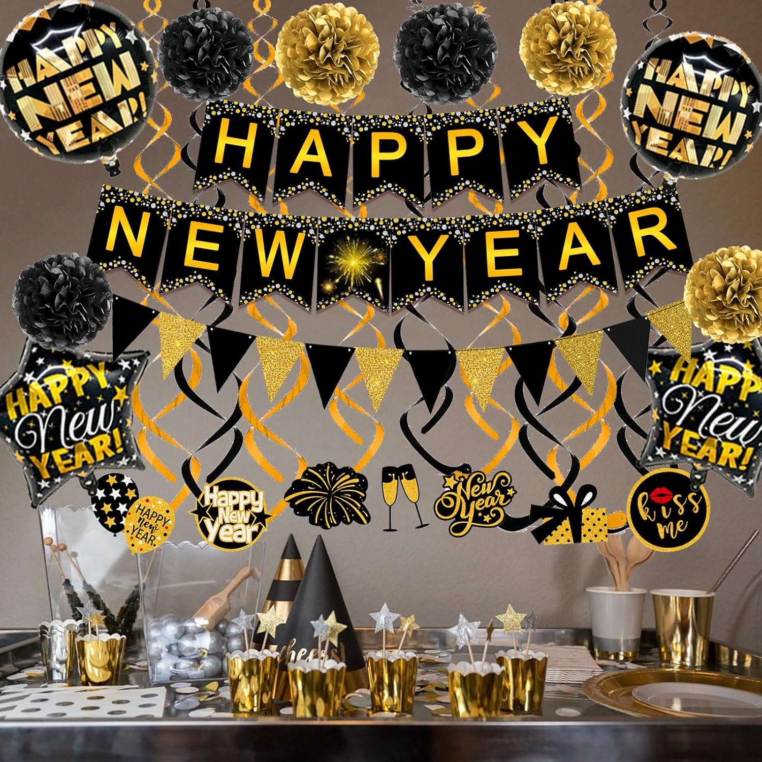 Happy New Year Party Decoration Set with Banner, Flags, Pom Poms, Streamers, and Balloons - Image 4