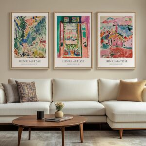 Large Framed Abstract Landscape Canvas Wall Art Set of 3, Colorful Retro Vintage Style Prints, Living Room Hallway Home Office Decor, 24x36 in