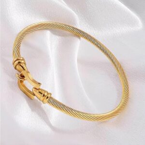 Silver and Gold Stainless Steel Twisted Cable Cuff Bracelet with Hook Clasp for Women, Non-Tarnish Summer Jewelry
