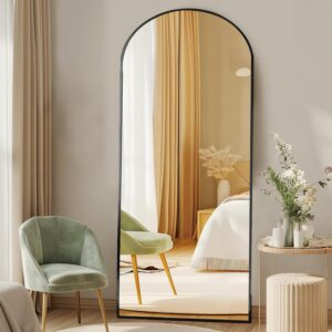 64x21 in Arched Full-Length Floor Mirror with Stand, Black Aluminum Frame, Shatterproof Nano Glass, Modern Bedroom & Living Room Decor