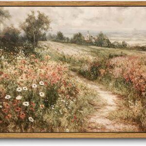 Framed Vintage Landscape Canvas Wall Art, Wildflower Nature Prints, Rustic Farmhouse Cottagecore Decor for Living Room Bedroom Office Bathroom