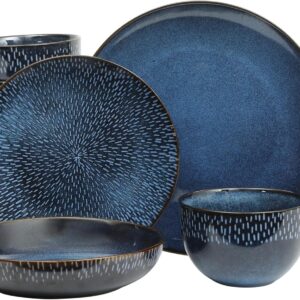 16-Piece Blue Ceramic Stoneware Dinnerware Set for 4, Plates & Double Bowls, Microwave & Dishwasher Safe, Rustic Modern Design