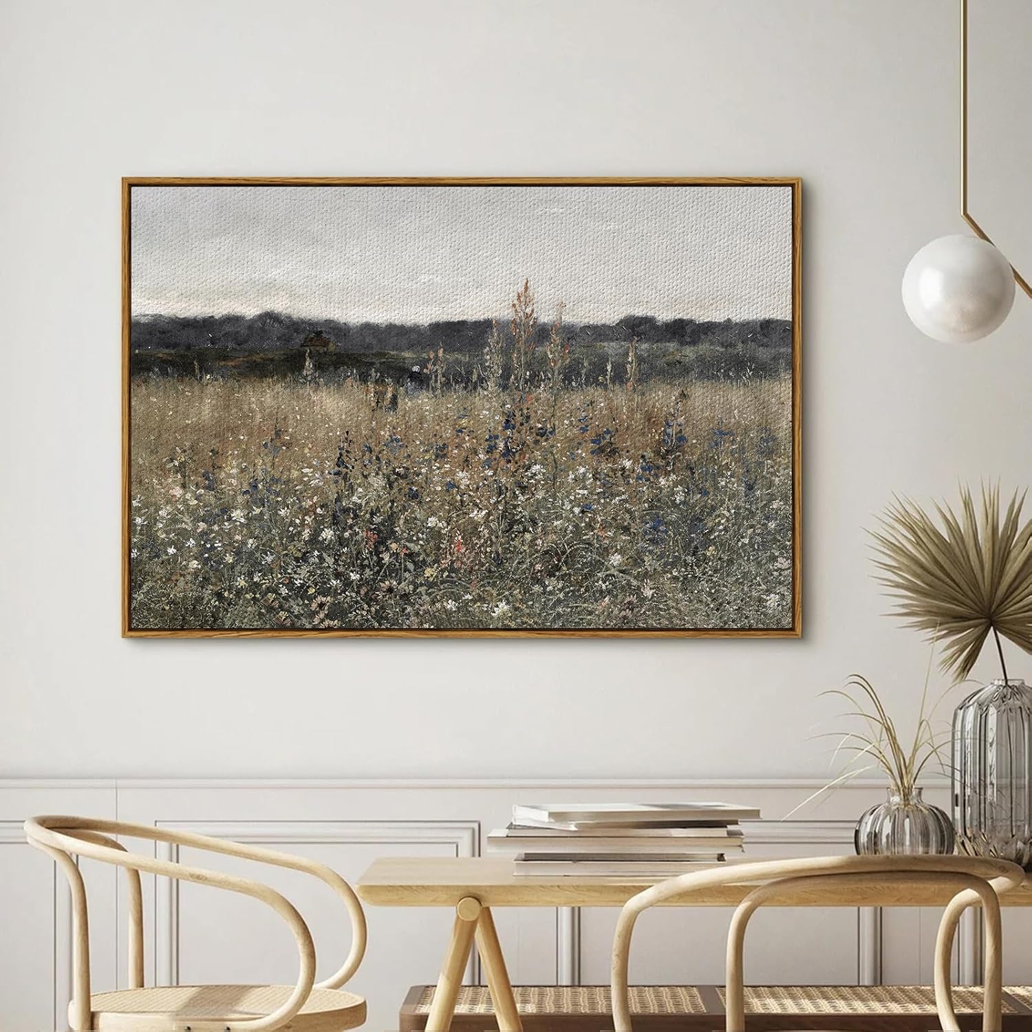 Framed Vintage Landscape Canvas Wall Art, Meadow with Flowers, Modern Farmhouse Cottagecore Decor, 24x36 in - Image 3