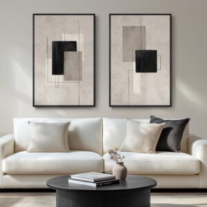 Framed Neutral Abstract Canvas Wall Art Set of 2, Black & Beige Modern Minimalist Line Prints, 24x36 in, Living Room Office Hallway Decor