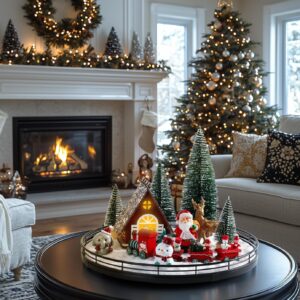 12-Piece Christmas Village Set with 13" Oak Lazy Susan, Santa Train, Houses, and Trees for Table or Mantel Holiday Decor