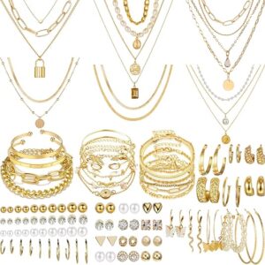 69-Piece Gold Plated Jewelry Set for Women with Necklace, Bracelet, and Earrings