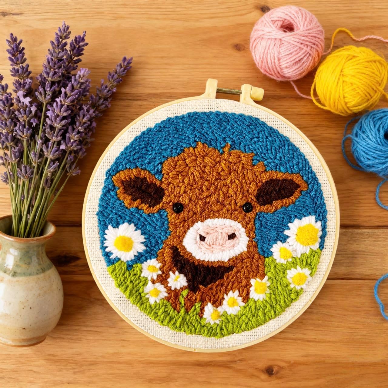 Punch Needle Starter Kit with Cute Highland Cow Design, Hoop Included, 20×20 cm - Image 4