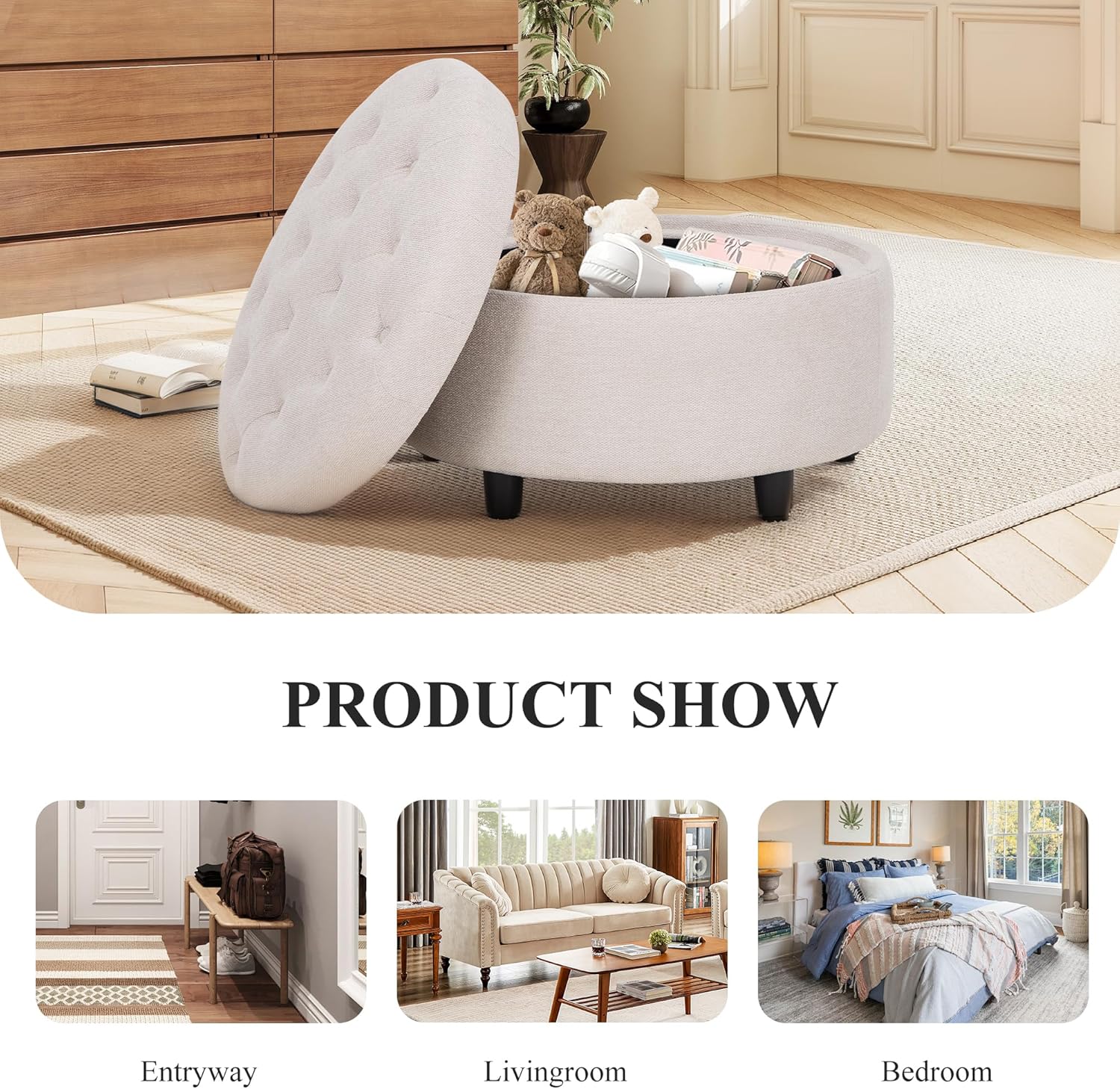 Round Fabric Storage Ottoman with Reversible Tray Lid, Footrest and Small Coffee Table (Beige) - Image 4