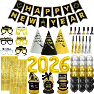 2026 New Year’s Eve Party Supplies for 12 with Hats, Glasses, Blowouts, Centerpieces, Fringe Curtains, and Balloons