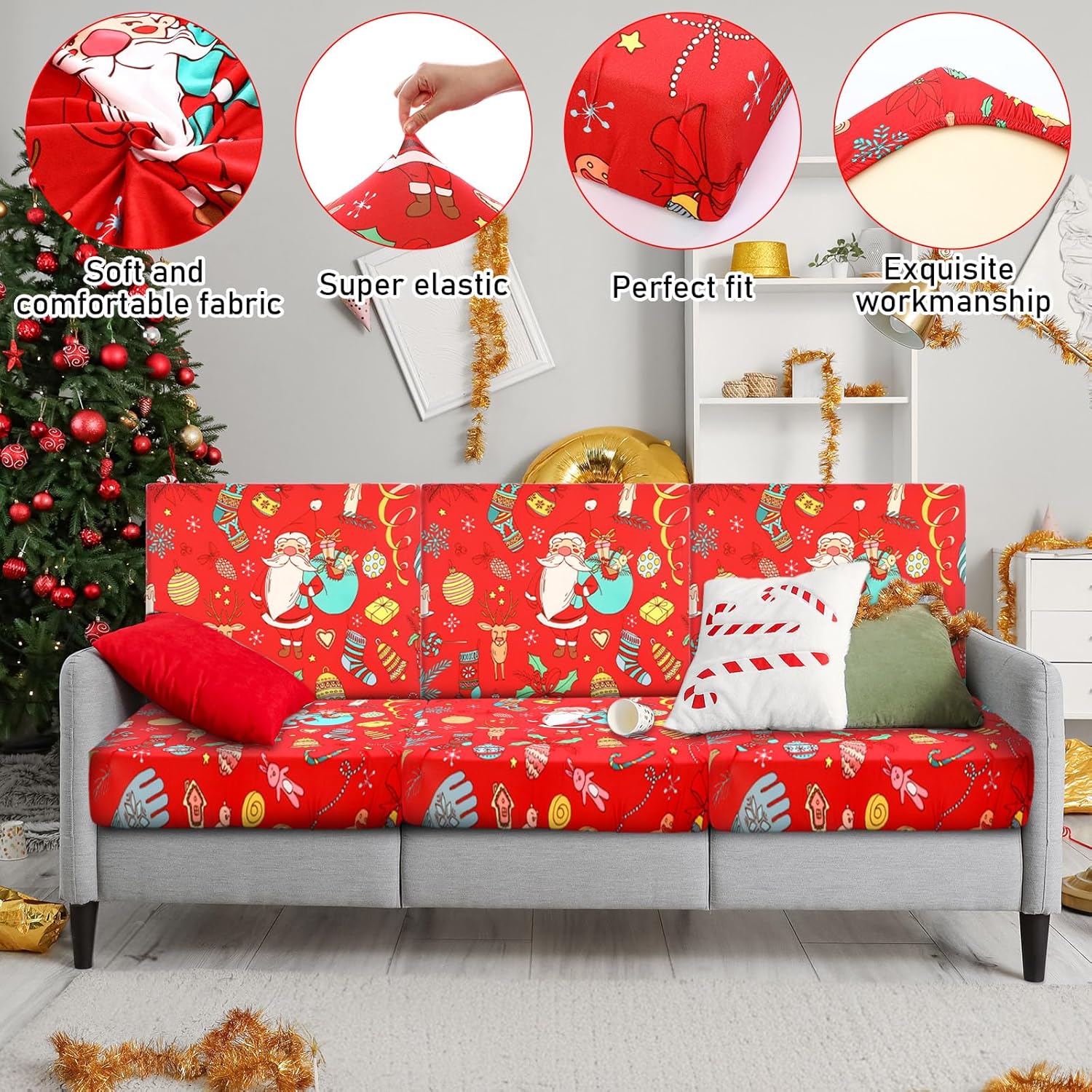 8-Pack Christmas Santa Claus Stretch Sofa Cushion Covers with Elastic Buckles for Indoor Home Decor - Image 2