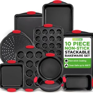 10-Piece Nonstick Carbon Steel Baking Pan Set, Commercial-Grade Oven Bakeware with Silicone Handles, Easy-Clean Kitchen Pans