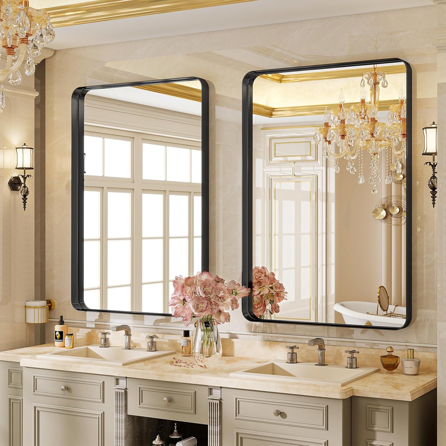 24x32 in Black Framed Bathroom Wall Mirror, Modern Round-Corner Vanity Mirror, Horizontal or Vertical Hanging, Bedroom & Living Room Decor - Image 2