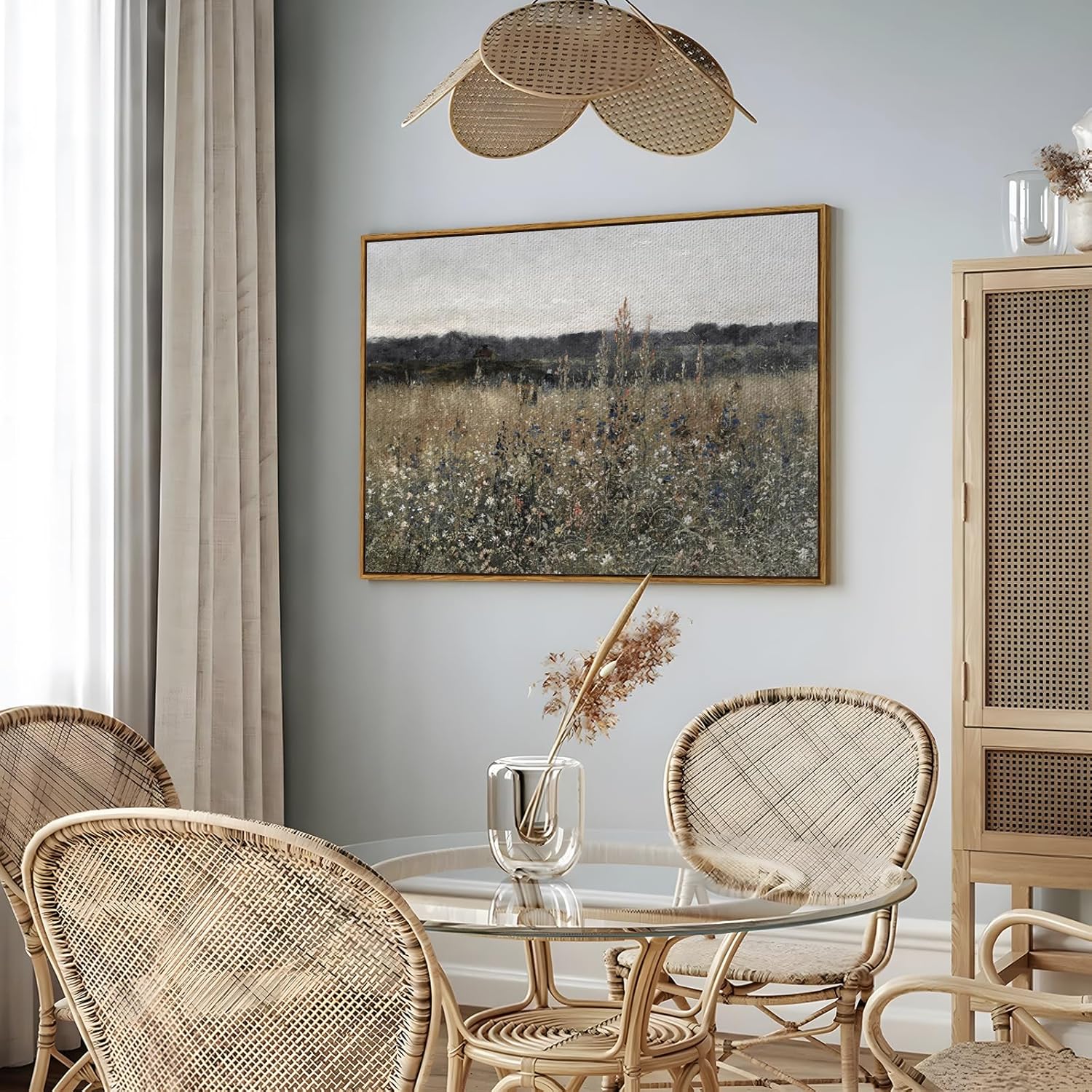 Framed Vintage Landscape Canvas Wall Art, Meadow with Flowers, Modern Farmhouse Cottagecore Decor, 24x36 in - Image 4