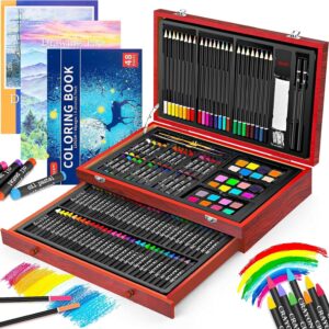 150-Piece Deluxe Wooden Art Set with Sketch Pads and Coloring Book for Kids and Adults