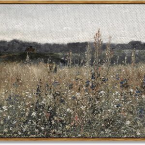 Framed Vintage Landscape Canvas Wall Art, Meadow with Flowers, Modern Farmhouse Cottagecore Decor, 24x36 in