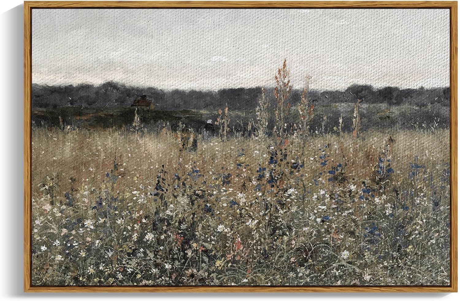 Framed Vintage Landscape Canvas Wall Art, Meadow with Flowers, Modern Farmhouse Cottagecore Decor, 24x36 in